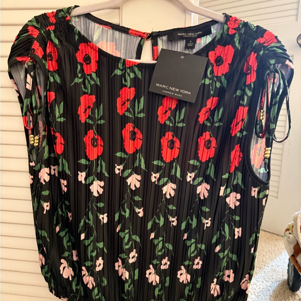 Marc New York Black Top with Red and Pink Floral Design